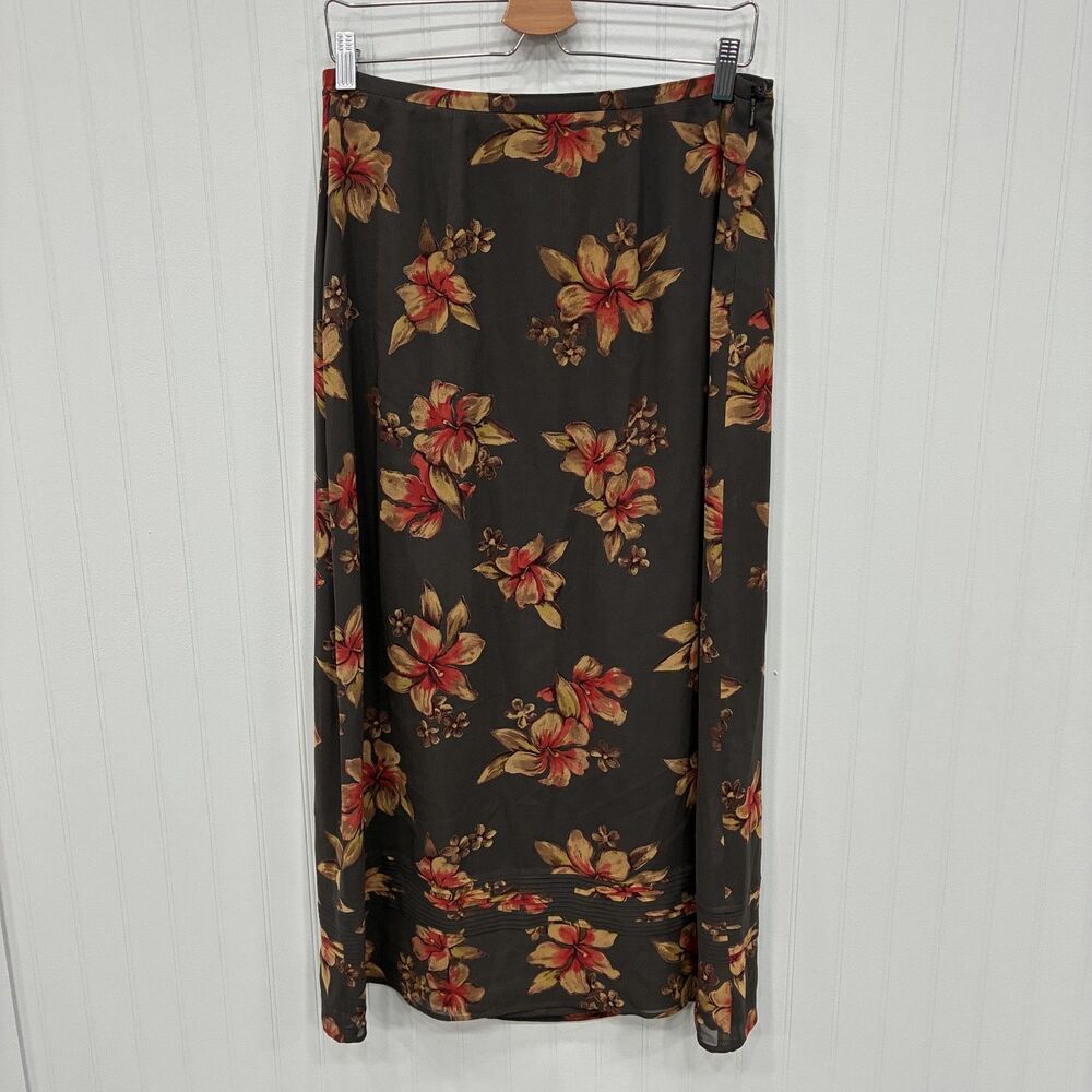VTG Dana B. and Karen Women's Sz 8 Black & Orange Floral Silk Maxi Skirt 90's